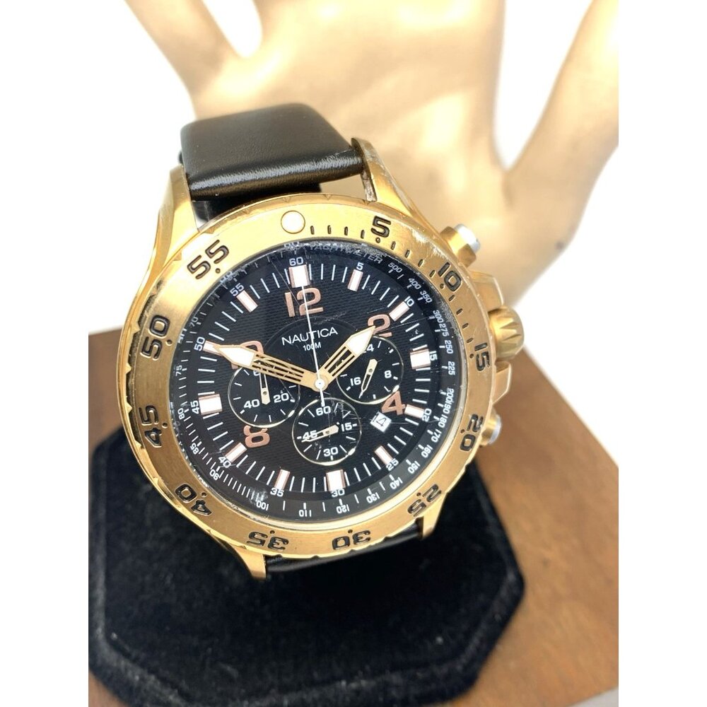 Nautica Men's Watch N18523 Quartz Black Dial Rose Gold Tone Leather Band 48mm - Picture 13 of 14